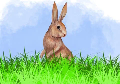 Happy Easter illustration.Cute Easter bunny sitting in the grass Stock Illustration