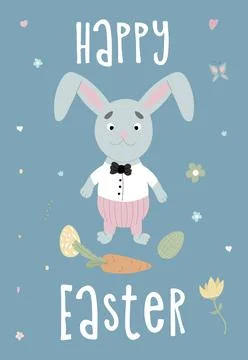 Happy Easter illustrations. Easter eggs, rabbit. Perfect for a poster, cove.. Stock Illustration