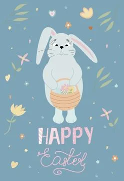Happy Easter illustrations. Easter eggs, rabbit. Perfect for a poster, cove.. Stock Illustration
