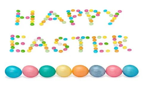 Happy easter image wiht eight eggs and candys pastel colored isolated on white Stock Photos