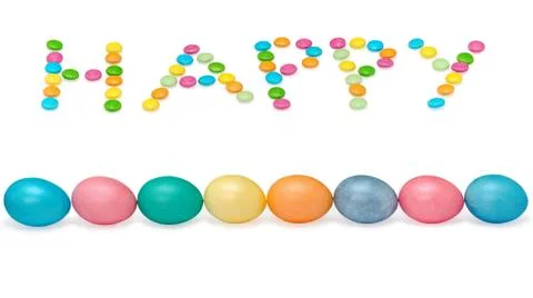 Happy easter image wiht eight eggs and candys pastel colored isolated on white Stock Photos