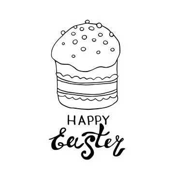 Happy Easter- inscription and simple contour drawing of a cake in the style o Illustrazione stock