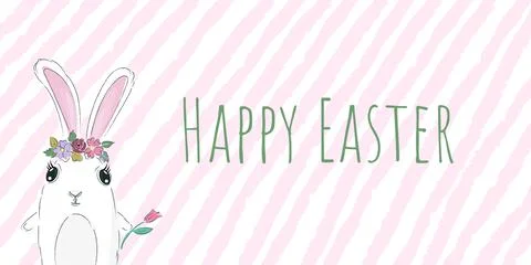 Happy Easter inscription vector banner with cute bunny, spring flower Illustrazione stock