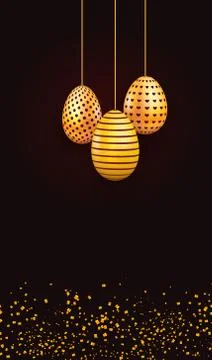 Happy Easter invitation card, hanging realistic golden eggs, sparkling confetti. Stock Illustration