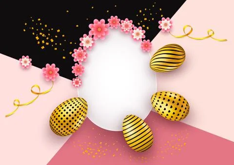 Happy Easter invitation card, realistic golden eggs, swirl ribbon, gold confetti Stock Illustration