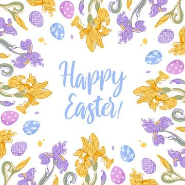 Happy easter. Irises and chocolate colorful eggs. Delicate spring flowers Illustrazione stock