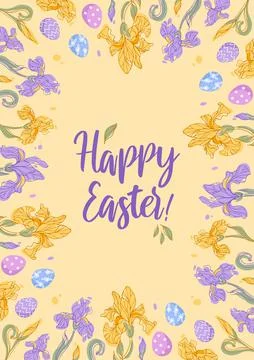 Happy easter. Irises and chocolate colorful eggs. Bright holiday postcard A4 Stock Illustration