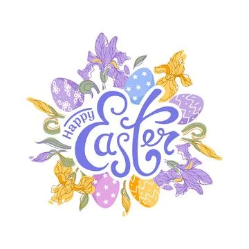 Happy easter. Irises and chocolate colorful eggs. Delicate spring flowers Stock Illustration