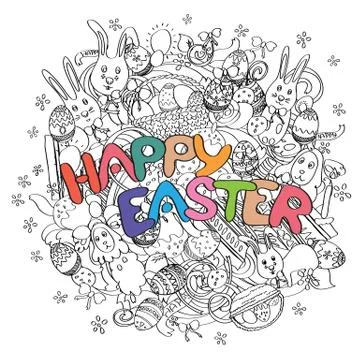 Happy Easter isolated on black and white doodle background Stock Illustration