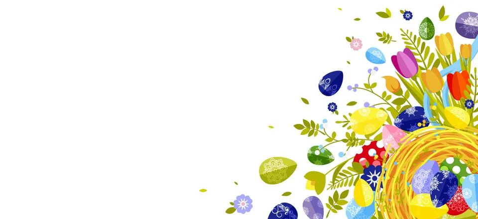 Happy Easter isolated colored eggs, spring decoration, leave, tulip flower Stock Illustration