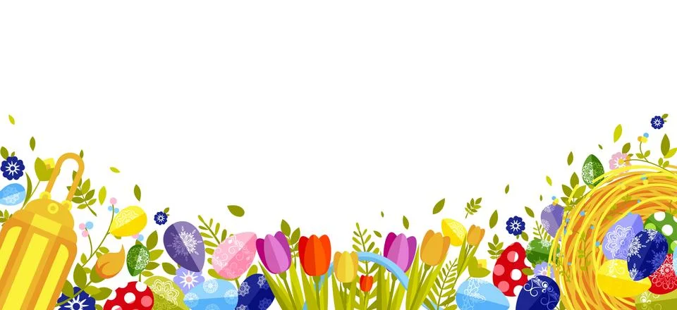 Happy Easter isolated colored eggs, spring decoration, leave, tulip flower Illustrazione stock