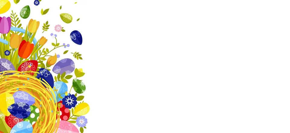 Happy Easter isolated colored eggs, spring decoration, leave, tulip flower Stock Illustration