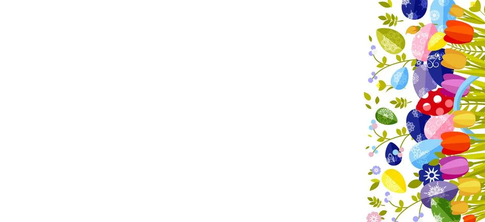 Happy Easter isolated colored eggs, spring decoration, leave, tulip flower Stock Illustration