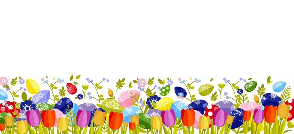 Happy Easter isolated colored eggs, spring decoration, leave, tulip flower Illustrazione stock