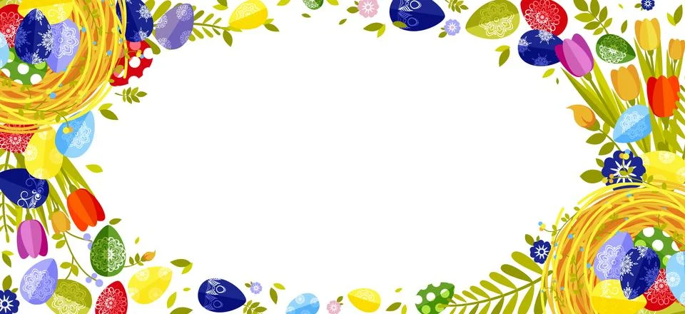 Happy Easter isolated colored eggs, spring decoration, leave, tulip flower Illustrazione stock