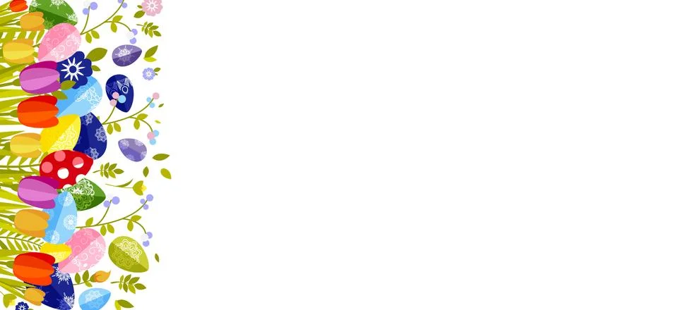 Happy Easter isolated colored eggs, spring decoration, leave, tulip flower Stock Illustration