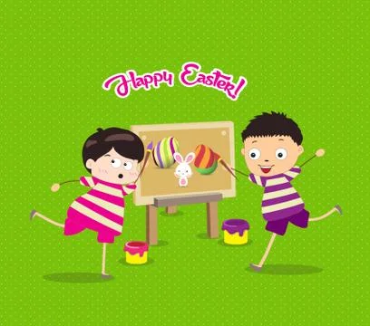 Happy easter with kids eggs and bunny painting canvas Illustrazione stock