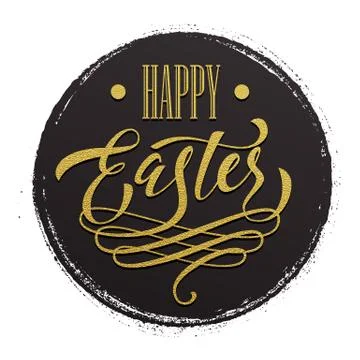 Happy Easter label. Gold title on grundge circle background Stock Illustration