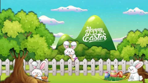 Happy Easter, landscape with three hares and eggs Stock Footage 237072137