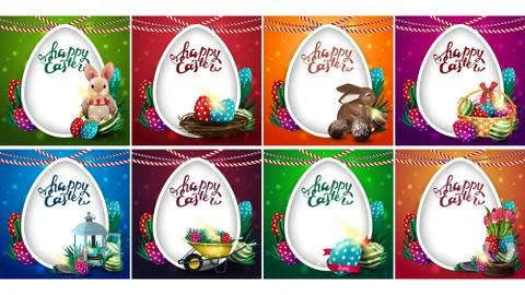Happy Easter, large set bright colorful postcards with Easter icons Stock Illustration