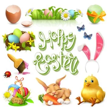 Happy Easter lettering and 3d vector icon set Stock Illustration