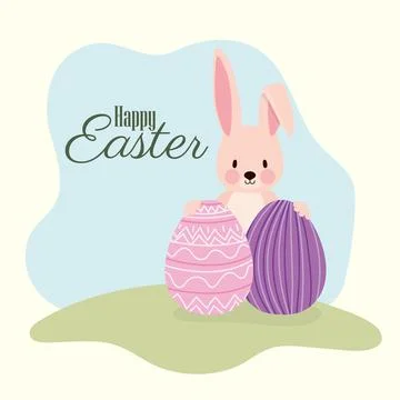 Happy easter lettering and cute bonny with two easter eggs Stock Illustration