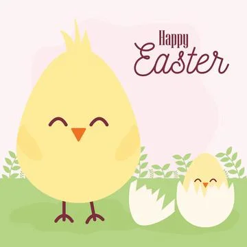 Happy easter lettering and one cracked egg with one chick inside of it Stock Illustration
