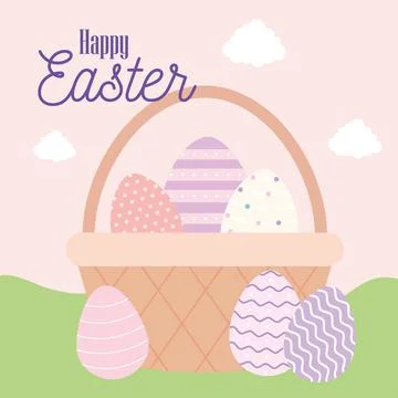 Happy easter lettering and one basket full of easter eggs Illustrazione stock