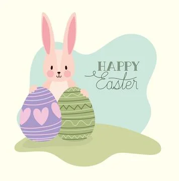 Happy easter lettering and pink bonny with two easter eggs Stock Illustration