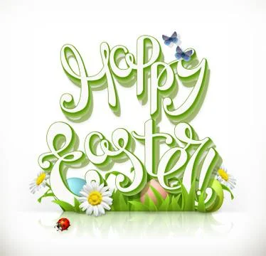 Happy Easter lettering and spring grass. 3d vector icon Stock Illustration
