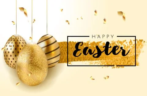 Happy Easter lettering background with realistic golden shine decorated eggs Stock Illustration