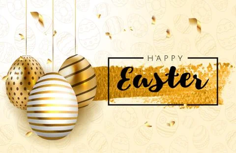Happy Easter lettering background with realistic golden shine decorated eggs Stock Illustration