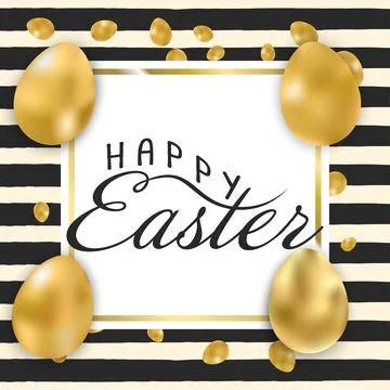 Happy Easter lettering background with realistic golden shine decorated eggs Stock Illustration