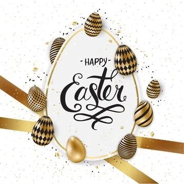 Happy Easter lettering background with realistic golden shine decorated eggs Stock Illustration