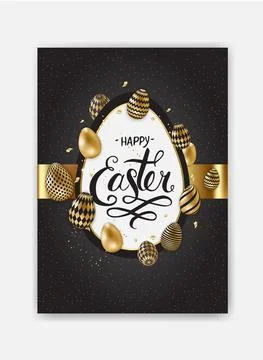 Happy Easter lettering background with realistic golden shine decorated eggs Stock Illustration