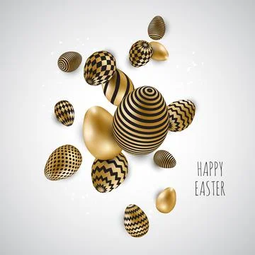 Happy Easter lettering background with realistic golden shine decorated eggs Stock Illustration
