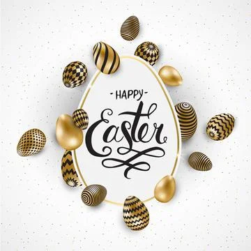 Happy Easter lettering background with realistic golden shine decorated eggs 库存插图