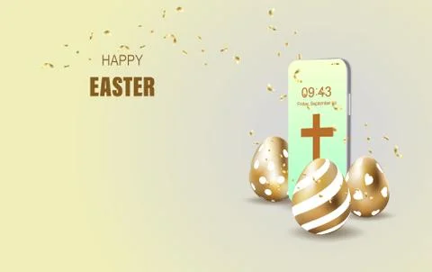 Happy Easter lettering background.Eggs and gift realistic golden shine decora Ilustración de archivo