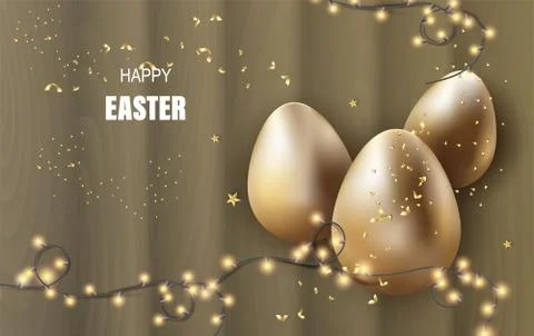 Happy Easter lettering background.Eggs realistic golden shine decorated sale Illustrazione stock