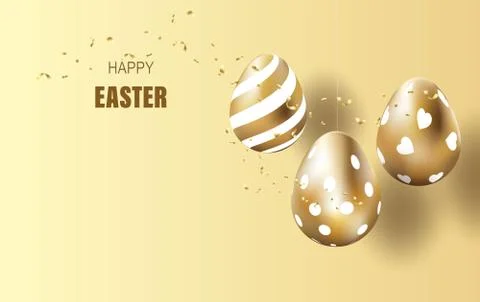 Happy Easter lettering background.Eggs realistic golden shine decorated sale Stock Illustration