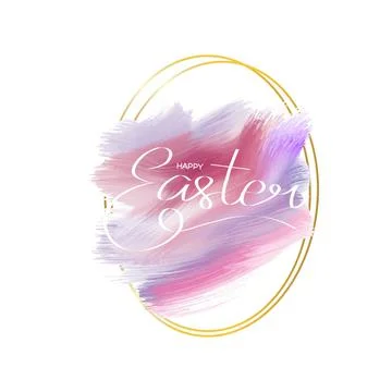 Happy Easter lettering. Blue brush strokes in round gold frame. Design temp.. Stock Illustration