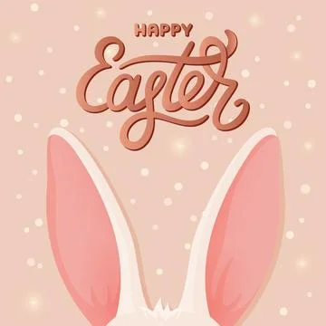 Happy Easter lettering bunny ear postcard flat Stock Illustration