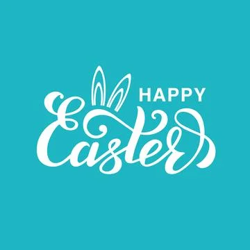 Happy Easter lettering with bunny ears on blue background. Stock Illustration