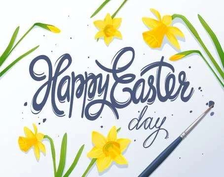 Happy easter lettering calligraphy card. Happy Easter greeting card with flowers Stock Illustration