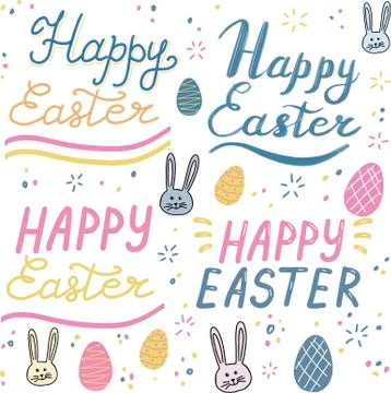 Happy Easter, lettering calligraphy set, colorful text on white background. S Stock Illustration
