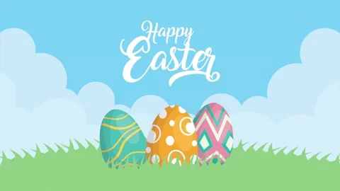 Happy easter lettering with decorated eggs in the field, motion graphic ani.. Video stock 338315049