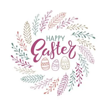 Happy Easter lettering with easter eggs in branches wreath. Color Hand drawn Illustrazione stock