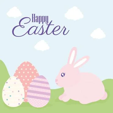 Happy easter lettering, easter eggs and one cute pink rabbit Stock Illustration