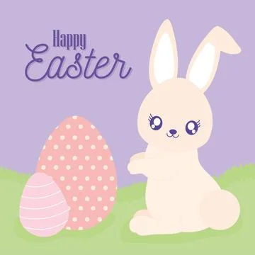 Happy easter lettering, easter eggs and one cute rabbit Stock Illustration