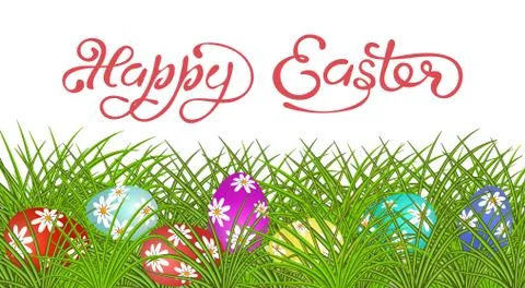 Happy Easter Lettering. Eggs painted with drawings on the grass. illustration Stock Illustration